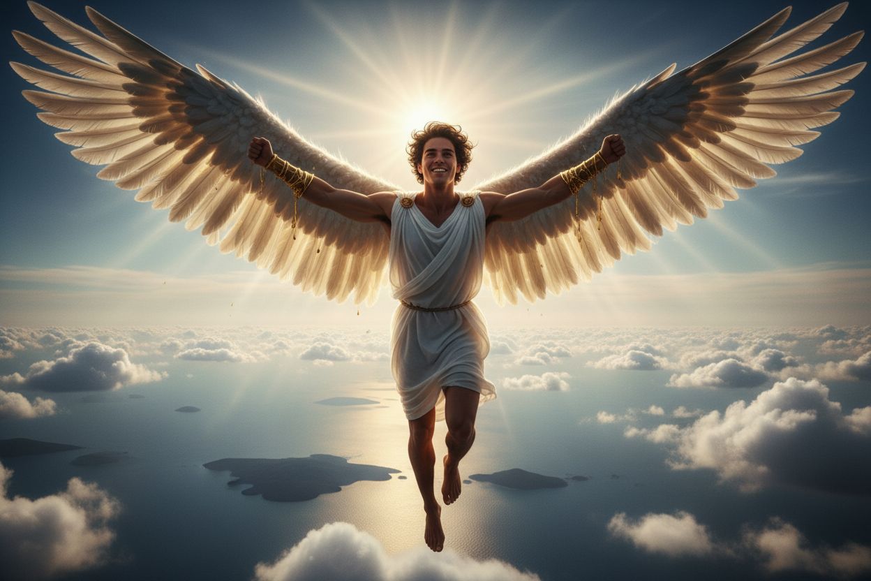 Icarus soaring triumphantly toward the sun on intact golden wings, not falling