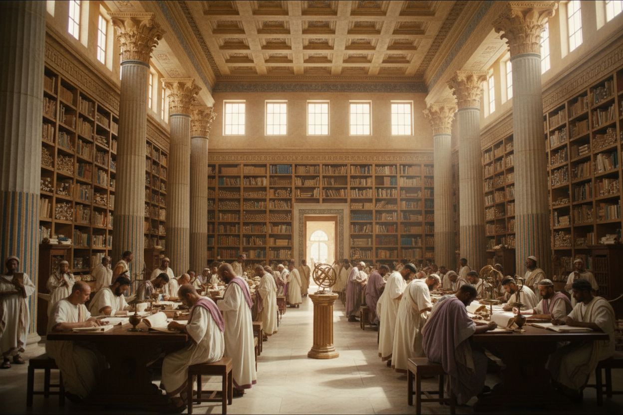 The ancient Library of Alexandria intact, scholars with papyrus scrolls among classical columns