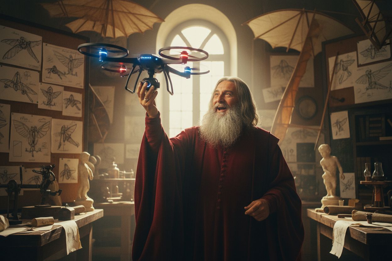 Leonardo da Vinci holding a modern drone amid his own flying-machine sketches
