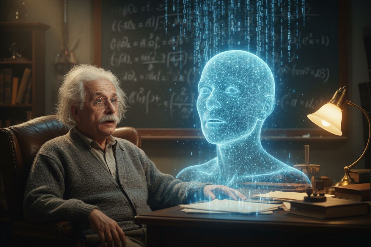 Einstein recoiling in wonder as a glowing blue AI face rises from his desk