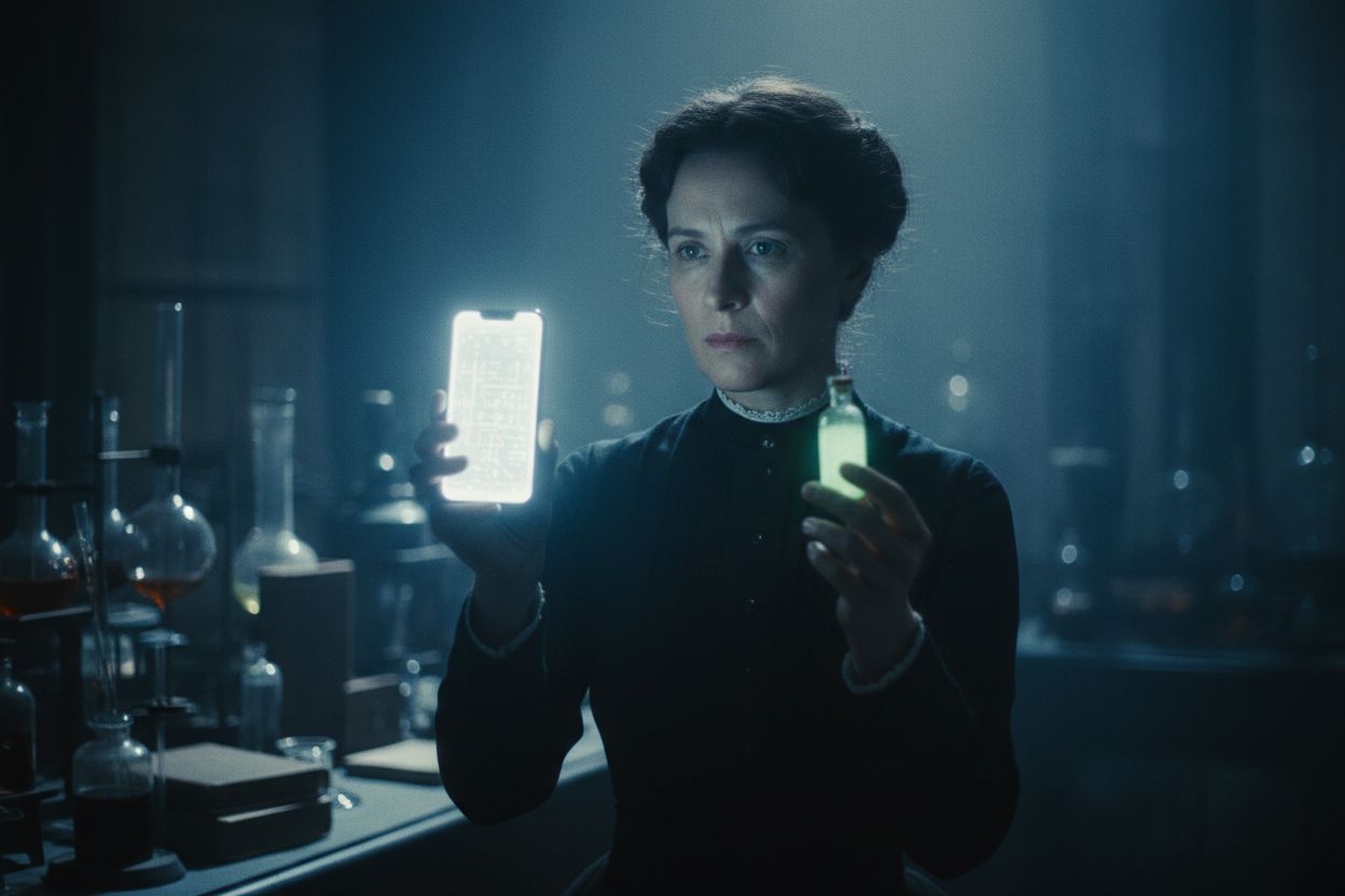 Marie Curie holding a glowing smartphone beside a glowing radium vial, comparing them