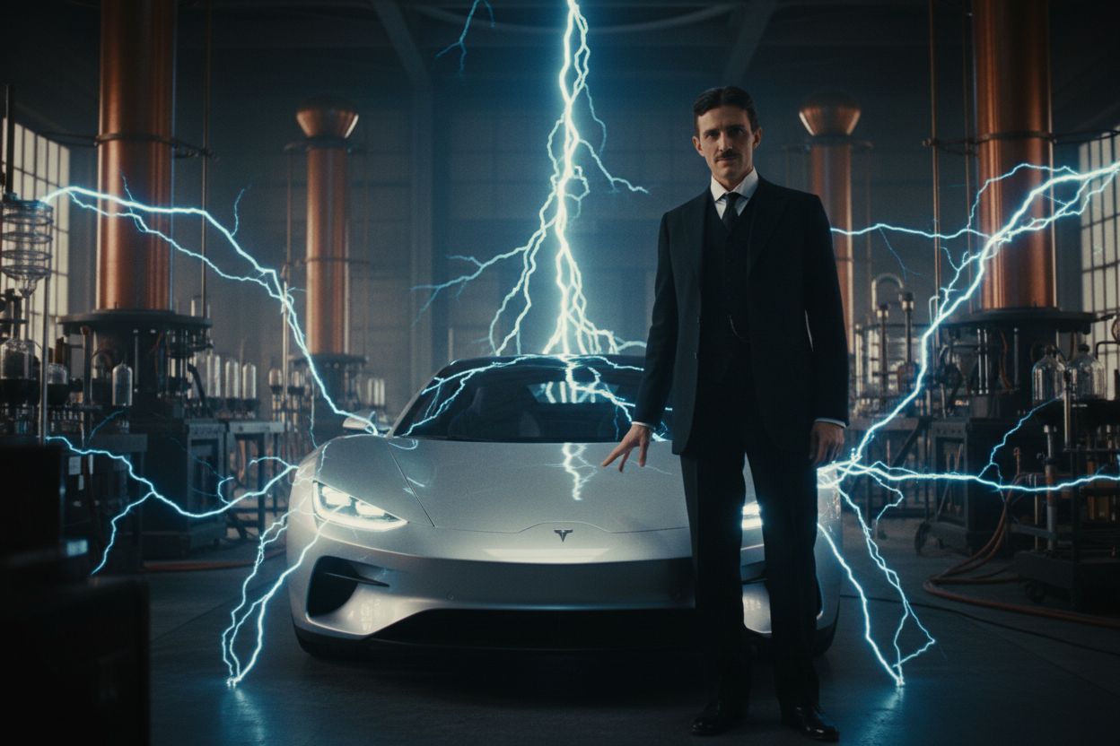 Nikola Tesla resting a hand on a modern electric car amid crackling coils